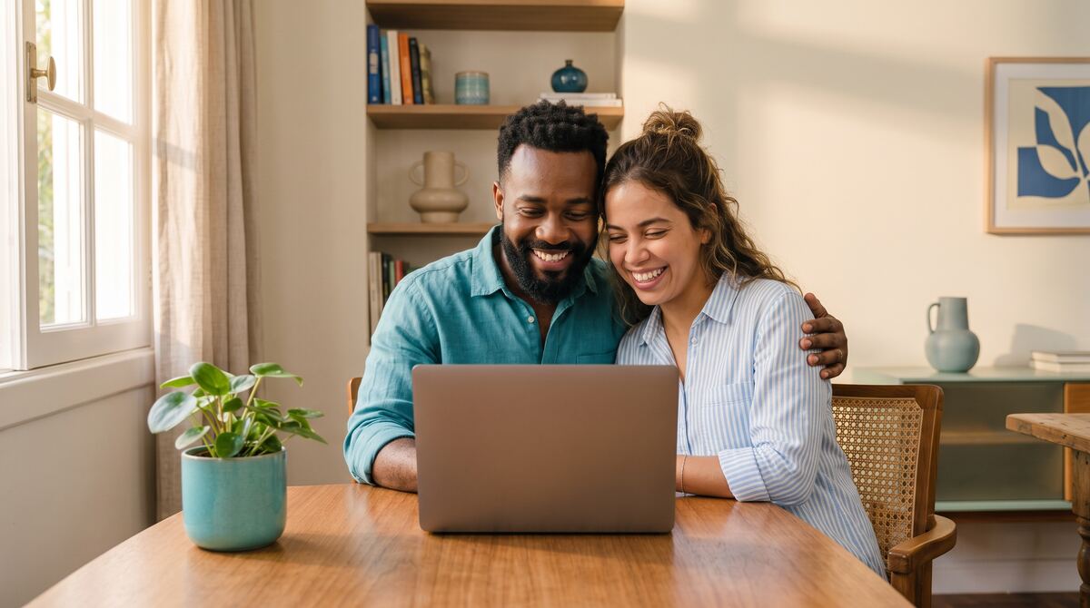 Casal acompanhando os investimentos pelo notebook